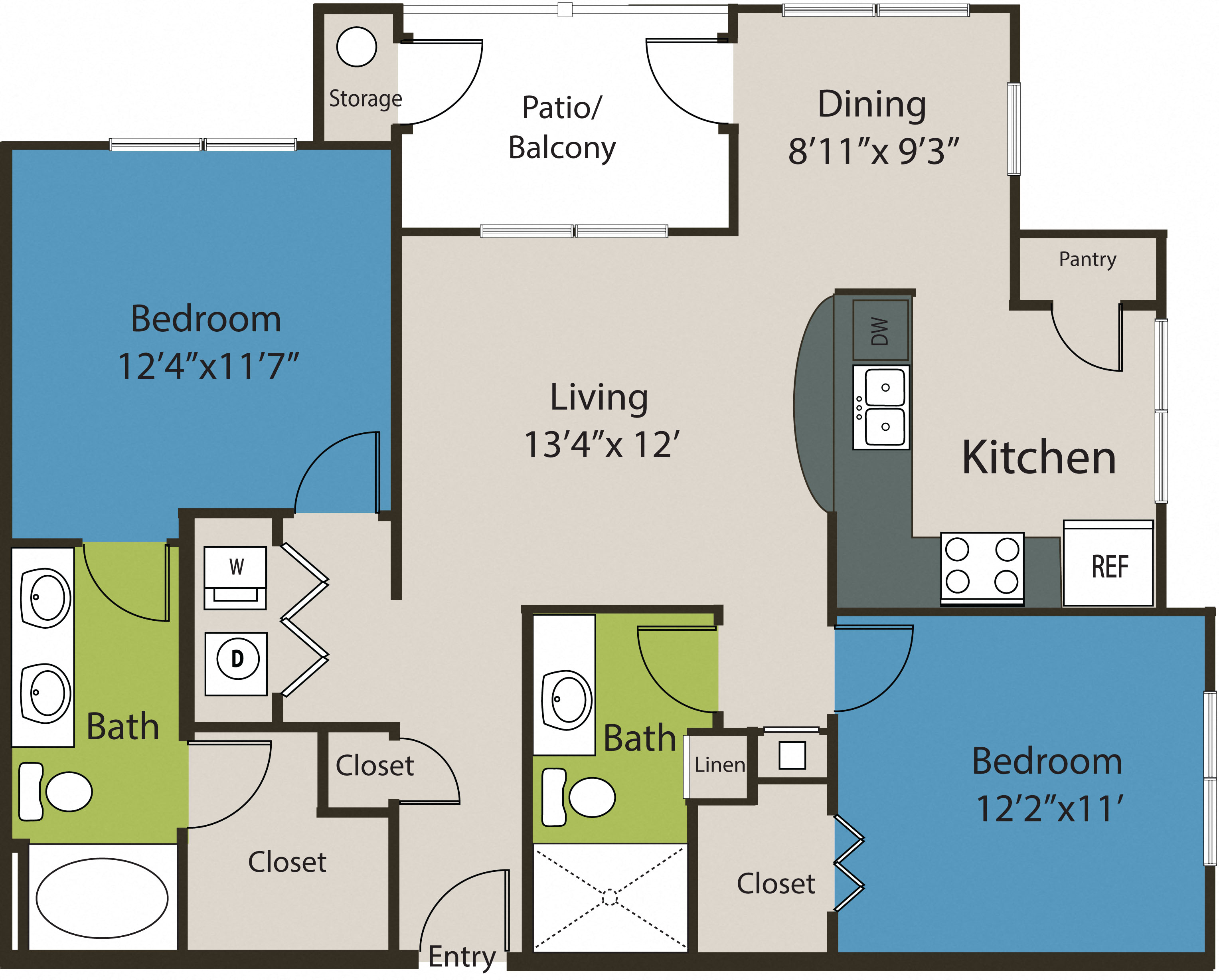Floor plan for 2 beds, 2 baths, 1049 sqft